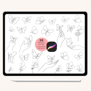 May include: A digital tablet screen displaying 30 butterfly outline stamp brush designs for Procreate. The butterflies are drawn in a simple, minimalist style with a single line.