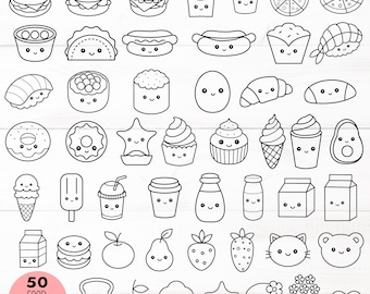 Puede incluir: Un conjunto de 50 dibujos en blanco y negro de alimentos lindos, que incluyen una hamburguesa, un hot dog, sushi, una dona, un cupcake, un cono de helado, una caja de leche, una naranja, una pera, una fresa y un gato. Los dibujos están en estilo kawaii, con ojos grandes y sonrisas.