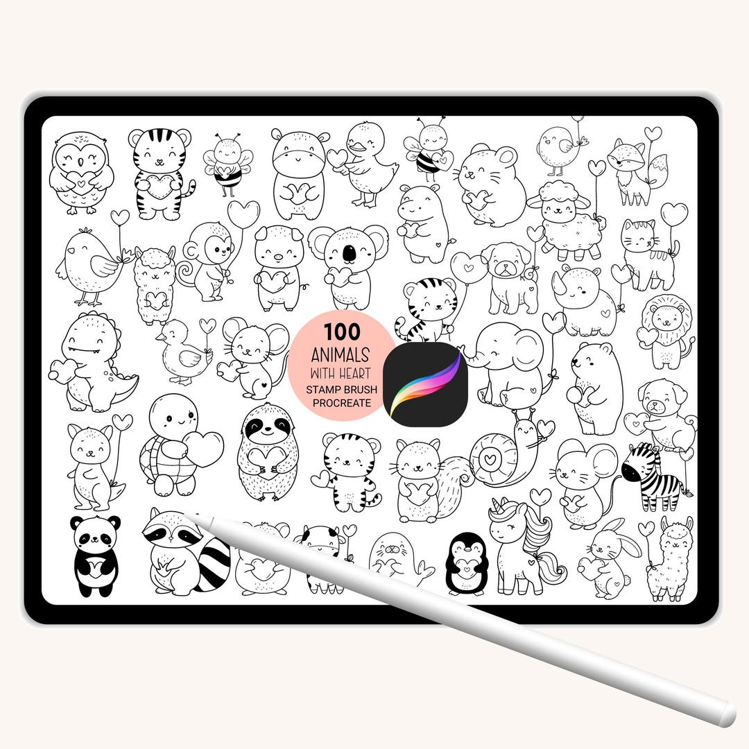 100 Procreate Stamps Animals With Valentine, Cartoon Brushset Wild ...