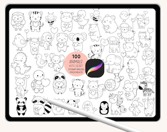 100 Procreate Stamps Animals With Valentine, cartoon Brushset Wild animal hand drawn,love,heart, Abstract Doodle,hand drawn,for Procreate