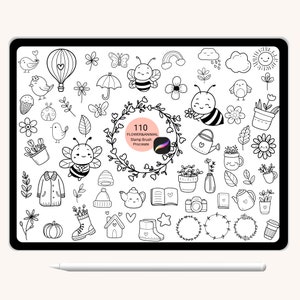 Könnte beinhalten: Eine digitale Illustration von 110 schwarz-weißen Stempelpinsel-Icons für Blumen und Tiere für Procreate. Die Icons beinhalten Bienen, Blumen, Blätter, Herzen, eine Teekanne, ein Buch, eine Kamera, eine Kaffeetasse, eine Gießkanne, einen Stiefel, ein Haus, einen Stern und einen Kürbis.