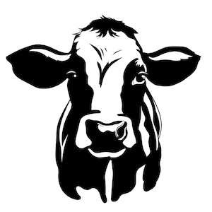 May include: Black and white silhouette of a cow's head. The cow is looking directly at the viewer with its mouth slightly open.