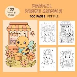 100 Seiten Kinder Malbuch Bundle PDF Zauberhafte Waldtiere A4 Digital Download, Niedliche Waldwesen & Verträumte Waldszenen, Niedliches Cartoon