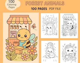100 Pages Kids Coloring Book Bundle PDF Magical Forest Animals A4 Digital Download Cute Woodland Creatures&Dreamy Forest Scenes,Cute Cartoon