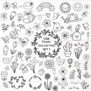 May include: A set of 108 black and white flower-themed illustrations, including flowers, butterflies, birds, hearts, and other nature-inspired designs. The text "108 Flower SVG DXF PNG SET 1" is included in the image.