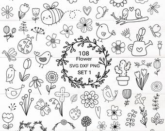 108 Flower leaf animal  bundle svg,cut file, bird, flower nature SVG For Cut file, doodle hand drawn style,svg,png,eps, for cricut
