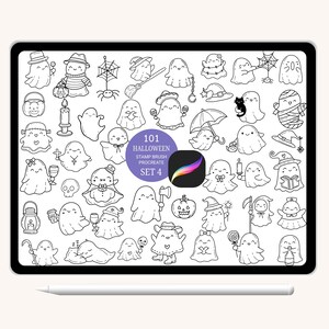 May include: A digital illustration of 101 Halloween themed ghost stamp brush designs for Procreate. The ghosts are in various poses and wearing different Halloween costumes and accessories.