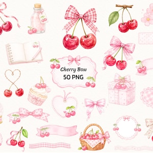 Könnte beinhalten: Aquarellillustrationen von Kirschen, Schleifen und dekorativen Elementen in Rosa- und Rottönen. Enthält ein Notizbuch, eine Geschenkbox und einen Korb voller Kirschen. Der Text "Cherry Bow 50 PNG" ist ebenfalls vorhanden.