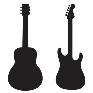 Può includere: Silhouette di due chitarre, una acustica e una elettrica, su sfondo bianco.