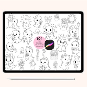 Paquete de 101 pinceles para sellos de dibujos animados de dinosaurios, pinceles de animales, flores, dibujos florales, kawaii, animales de dibujos animados lindos, pinceles para sellos para Procreate