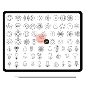 May include: A digital tablet screen displaying 100 black and white flower and leaf illustrations. The text "100 FLOWER Stamp Brush Procreate" is displayed on the screen.