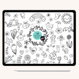 以下が含まれることがあります： Procreate 用の 108 個の白黒の花と動物のスタンプのデジタルイラスト。スタンプには、さまざまな花、葉、蝶、鳥、テントウムシ、サボテン、虹、花輪が含まれています。