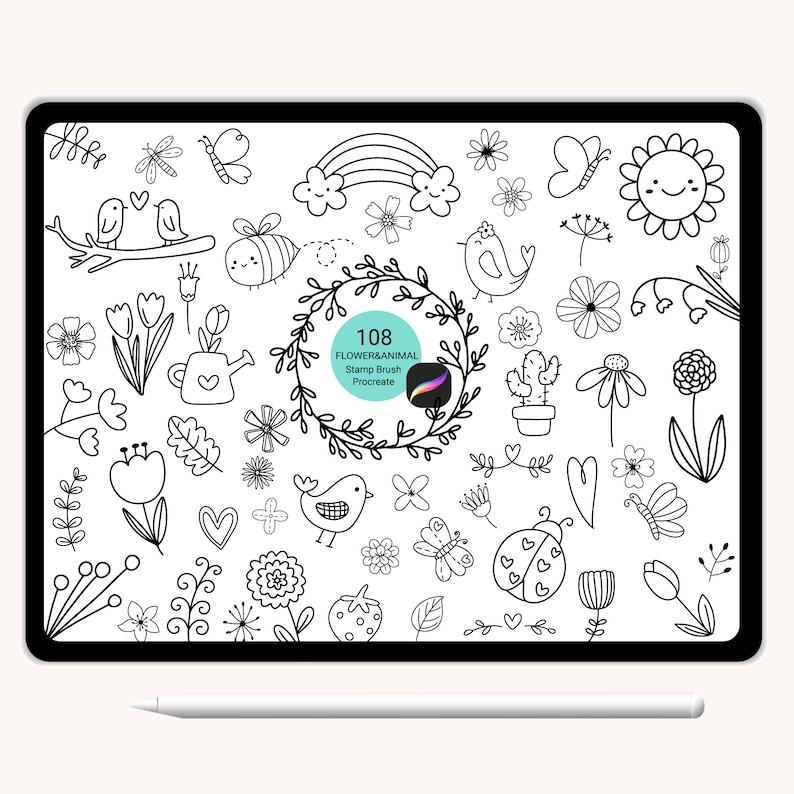 K&ouml;nnte beinhalten: Eine digitale Illustration von 108 schwarzen und wei&szlig;en Blumen- und Tier-Stempeln f&uuml;r Procreate. Die Stempel umfassen eine Vielzahl von Blumen, Bl&auml;ttern, Schmetterlingen, V&ouml;geln, einem Marienk&auml;fer, einem Kaktus, einem Regenbogen und einem Kranz.