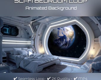 Sci-Fi Schlafzimmer animierter Hintergrund, Raumschiff-Innenraum, futuristisches Raumvideo Wallpaper für Vtuber, Zoom, Tracking