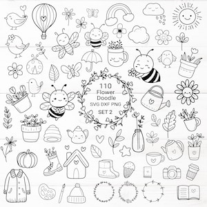 Peut inclure: Un ensemble de 110 illustrations de fleurs en noir et blanc. L'ensemble comprend des images d'abeilles, de fleurs, d'oiseaux, de cœurs, de maisons, de bottes de pluie, de théières, d'arrosoirs et plus encore. Le texte "110 Flower Doodle SVG DXF PNG SET 2" est inclus dans l'image.