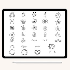 K&ouml;nnte beinhalten: Eine digitale Zeichnung von 30 Schwarzwei&szlig;-Illustrationen von Blumen und Pflanzen. Die Illustrationen umfassen Blumen, Bl&auml;tter, Zweige, Kr&auml;nze und einen Regenbogen.