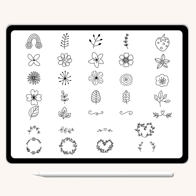 K&ouml;nnte beinhalten: Eine digitale Zeichnung von 30 Schwarzwei&szlig;-Illustrationen von Blumen und Pflanzen. Die Illustrationen umfassen Blumen, Bl&auml;tter, Zweige, Kr&auml;nze und einen Regenbogen.