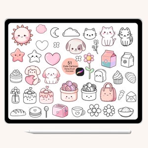 51 Procreate Stamps Cute cat dog animal flower desserts, cupcake, cartoon Brushset Abstract Doodle,hand drawn, leaves, for Procreate
