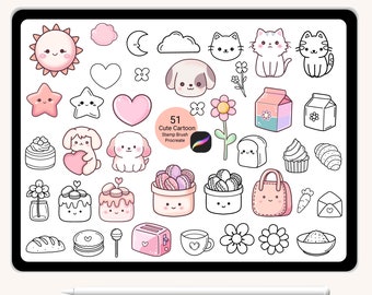 51 Procreate Stamps Cute cat dog animal flower desserts, cupcake, cartoon Brushset Abstract Doodle,hand drawn, leaves, for Procreate