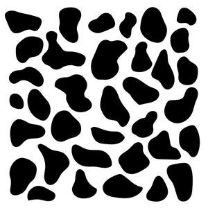 May include: Black and white abstract pattern with irregular shaped spots. The pattern is reminiscent of a cow hide.
