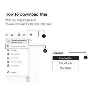 May include: A screenshot showing instructions on how to download files after purchase on Etsy. The text reads "How to download files" and includes steps to find the download button. The image includes a menu with options like "Purchases and reviews".