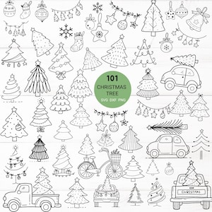 May include: A collection of 101 black and white hand-drawn Christmas tree illustrations. The illustrations include various styles of Christmas trees, ornaments, garlands, bells, snowflakes, and cars with Christmas trees on top. The text "101 Christmas Tree SVG DXF PNG" is in the center of the image.