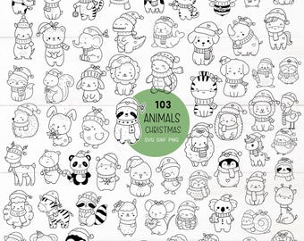 May include: Black and white line art illustration of 103 Christmas animals, including a bear, tiger, dog, elephant, and more. Each animal is wearing a Santa hat and scarf. Text on a green circle reads "103 ANIMALS CHRISTMAS SVG DXF PNG".