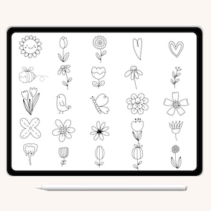 K&ouml;nnte beinhalten: Eine digitale Zeichnung von 20 schwarz-wei&szlig;en Illustrationen zum Thema Fr&uuml;hling. Die Illustrationen beinhalten eine Sonne, Blumen, eine Biene, einen Vogel, einen Schmetterling und Herzen.