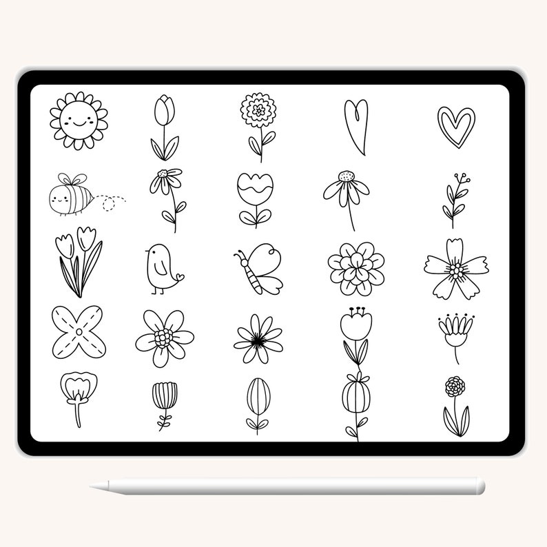 K&ouml;nnte beinhalten: Eine digitale Zeichnung von 20 schwarz-wei&szlig;en Illustrationen zum Thema Fr&uuml;hling. Die Illustrationen beinhalten eine Sonne, Blumen, eine Biene, einen Vogel, einen Schmetterling und Herzen.