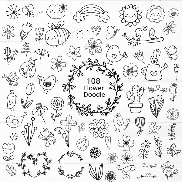 108 Flower leaf animal  bundle svg,cut file, bird, flower nature SVG For Cut file, doodle hand drawn style,svg,png,eps, for cricut