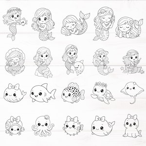 May include: Black and white illustrations of mermaids and sea creatures. The mermaids have long flowing hair and are depicted with various accessories. The sea creatures include fish, a turtle, a stingray, an octopus, and a seal.