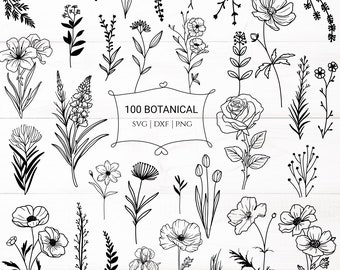 100 Botanical Svg Bundle Wildflower Cut File, Floral,Flower leaf,leaves ,Botanical clipart hand drawn doodle style svg,png,eps, for cricut