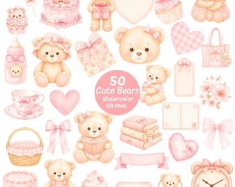 50 Pink Teddy Bear Watercolor Clipart PNG, Coquette Baby Girl Nursery Digital Download