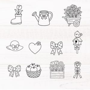 May include: A collection of black and white line art illustrations featuring garden-themed elements. Included are a boot with a tulip, a watering can with a bow, a wheelbarrow with flowers, a sun hat, a heart, bows, a birdhouse, a basket of apples, and a rose.