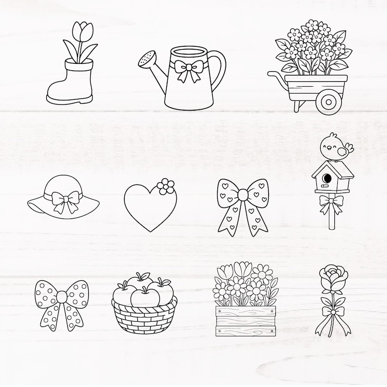 May include: A collection of black and white line art illustrations featuring garden-themed elements. Included are a boot with a tulip, a watering can with a bow, a wheelbarrow with flowers, a sun hat, a heart, bows, a birdhouse, a basket of apples, and a rose.