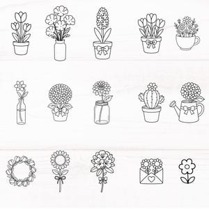 May include: Line art illustrations of various potted plants and flowers, including tulips, hyacinths, and sunflowers. The collection features different containers, such as pots, vases, and a watering can, all with a simple, black and white design.
