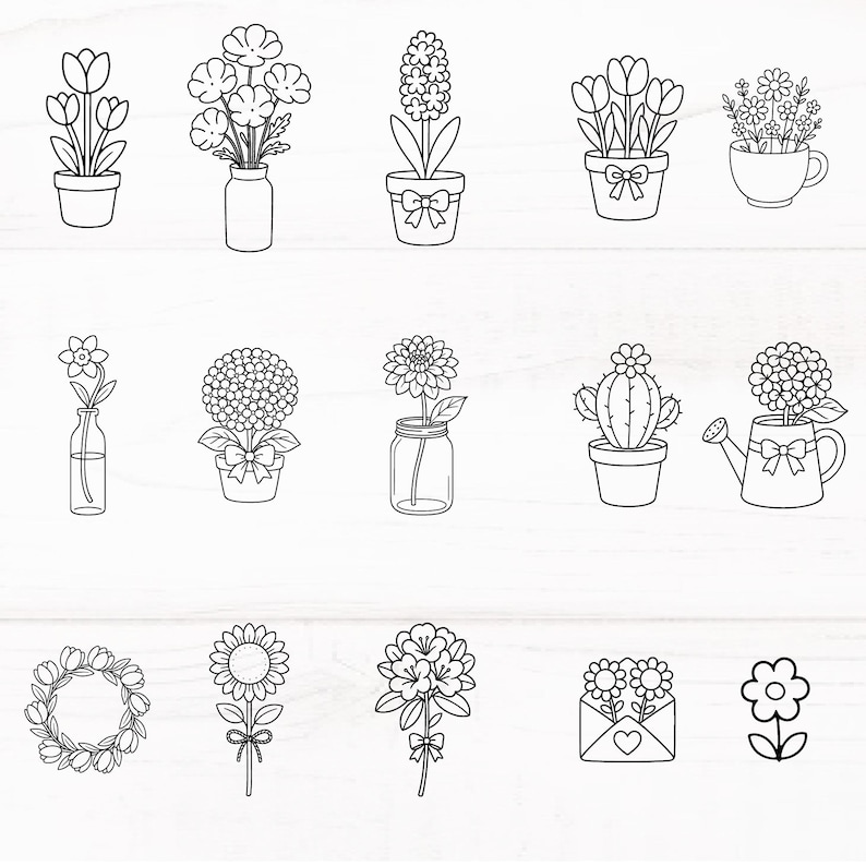 May include: Line art illustrations of various potted plants and flowers, including tulips, hyacinths, and sunflowers. The collection features different containers, such as pots, vases, and a watering can, all with a simple, black and white design.