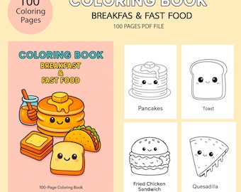 100 Coloring Pages Kawaii Breakfast Fast Food Hamburger Breakfast,Fast Food,Hamburger, Sushi,Cute Bread,Cute Line Art PDF A4 Digital