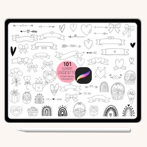 May include: A digital illustration on a tablet featuring 101 hand-drawn elements, including hearts, bows, banners, arrows, and gift boxes. The text "101 ELEMENT LOVETATTO STAMP BRUSH PROCREATE" is displayed in a pink circle.