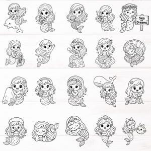 May include: Black and white illustrations of mermaids in various poses. Some mermaids are holding objects like shells, a cup, or a sign that says "Sea of Dreams". Others are interacting with a dolphin, whale, or a pufferfish.