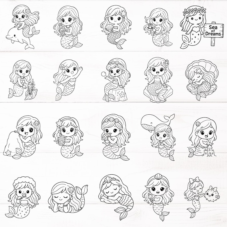 May include: Black and white illustrations of mermaids in various poses. Some mermaids are holding objects like shells, a cup, or a sign that says "Sea of Dreams". Others are interacting with a dolphin, whale, or a pufferfish.