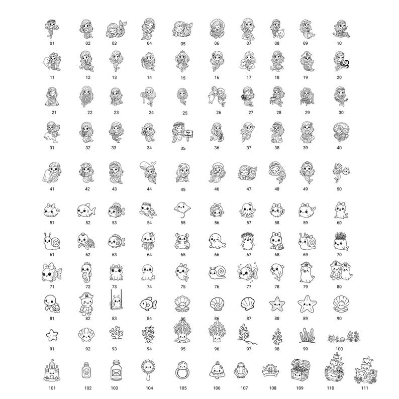 May include: A collection of 111 black and white illustrations of mermaids, sea creatures, and nautical elements. The designs include mermaids, fish, sea stars, coral, and treasure chests, perfect for crafting or design projects.