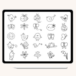 K&ouml;nnte beinhalten: Eine digitale Zeichnung von 25 schwarz-wei&szlig;en Illustrationen zum Thema Fr&uuml;hling. Die Illustrationen zeigen V&ouml;gel, Schmetterlinge, Marienk&auml;fer, Blumen und Bienen.