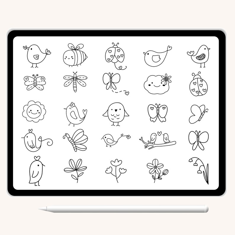 K&ouml;nnte beinhalten: Eine digitale Zeichnung von 25 schwarz-wei&szlig;en Illustrationen zum Thema Fr&uuml;hling. Die Illustrationen zeigen V&ouml;gel, Schmetterlinge, Marienk&auml;fer, Blumen und Bienen.