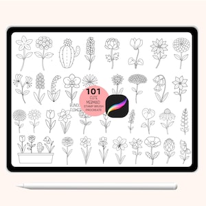Puede incluir: Una pantalla de arte digital en una tableta con 101 ilustraciones de flores en línea. La imagen incluye un círculo rosa con el texto "101 Cute Mermaid Flower Bundle Stamp Brush Procreate". Un lápiz óptico blanco está en la parte inferior.