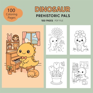 Paquete de 101 páginas para colorear de dinosaurios kawaii, dibujos animados en blanco y negro, páginas para colorear para niños, descarga digital PDF/A4