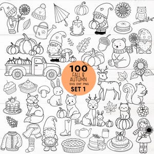 Paquete de 100 SVG de otoño, calabazas SVG, gnomos, animales salvajes, para archivos de corte, estilo dibujado a mano, svg, dxf, png, eps, para Cricut Silhouette, Cameo