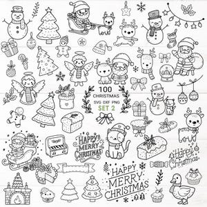 100 Paquete de Navidad SVG para archivo cortado, árbol de Navidad, adornos Doodle, dibujado a mano, dibujos animados, svg,dxf,png,eps, para cricut Silhouette,Cameo,