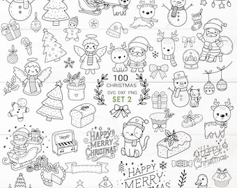 May include: A set of 100 black and white Christmas clip art illustrations. The illustrations include a snowman, reindeer, Santa Claus, angels, Christmas trees, presents, gingerbread men, a cat, a duck, a piano, a fireplace, and more. The text "Happy Merry Christmas" is included in the image.