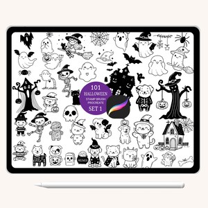 May include: A set of 101 Halloween themed stamp brushes for Procreate. The brushes feature a variety of cute and spooky designs, including ghosts, pumpkins, bats, cats, and witches. The brushes are perfect for adding a touch of Halloween fun to your digital art.